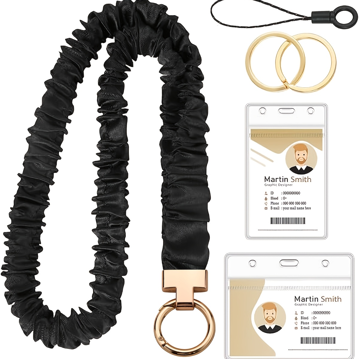 TEMU 2d 1 Set - Elastic Scrunchie Printed Lanyard, Comfortable Soft Fabric Lanyard, Includes Id Badge Holder, Keychain, Phone Lanyard, Suitable For