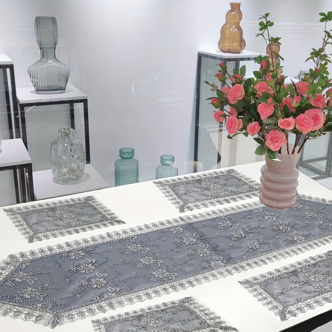 1set Placemat Set, 1pc Retro Lace Table Runner And 4pcs Placemats, Vintage French , Handmade Embroidered Table Mats For Home Table Decoration, Tabletop Supplies, Table Additions