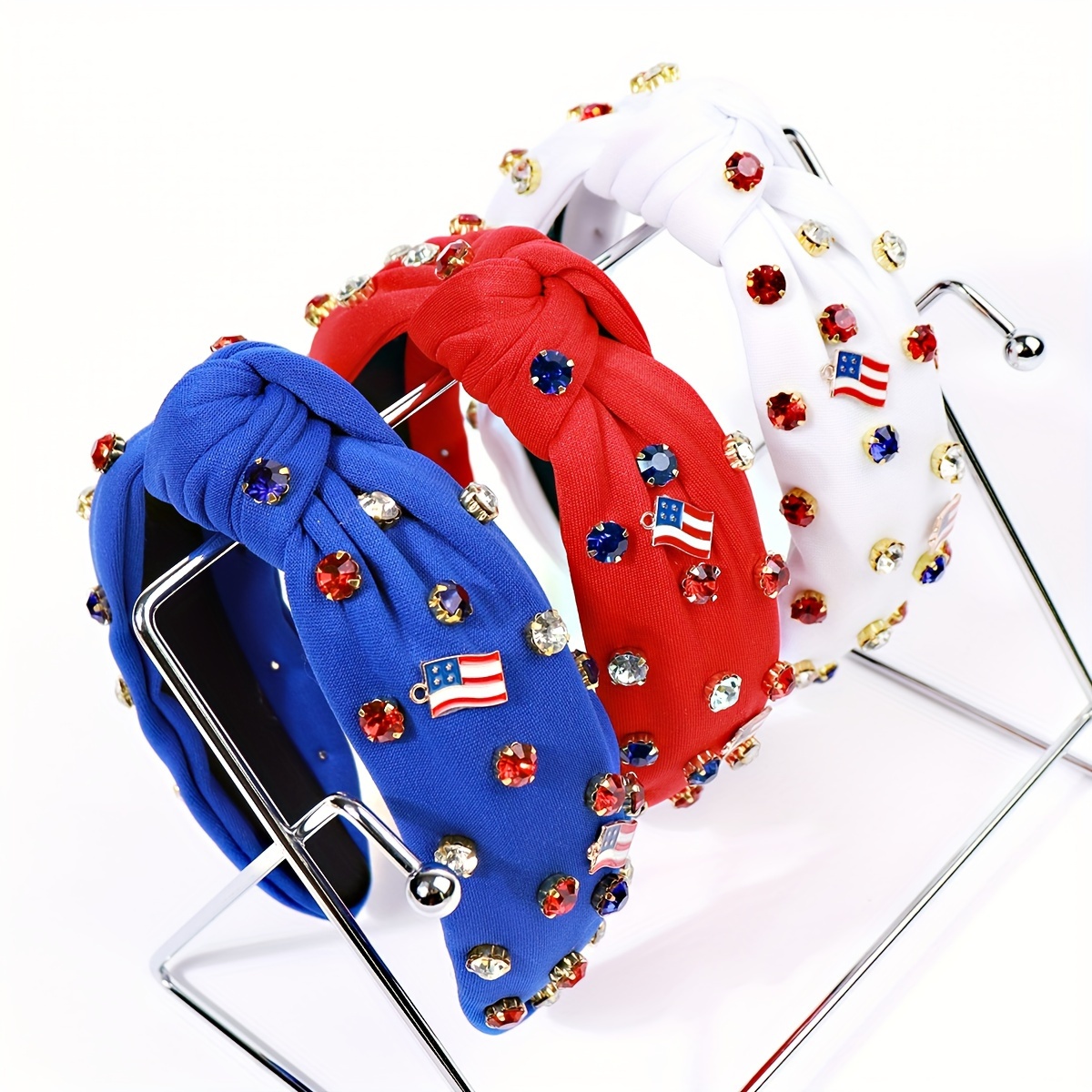 

1pc Flag Pattern Decorative Head Band Glitter Rhinestone Knotted Head Wear Stylish Hairdressing Accessories For American Independence Day Wear