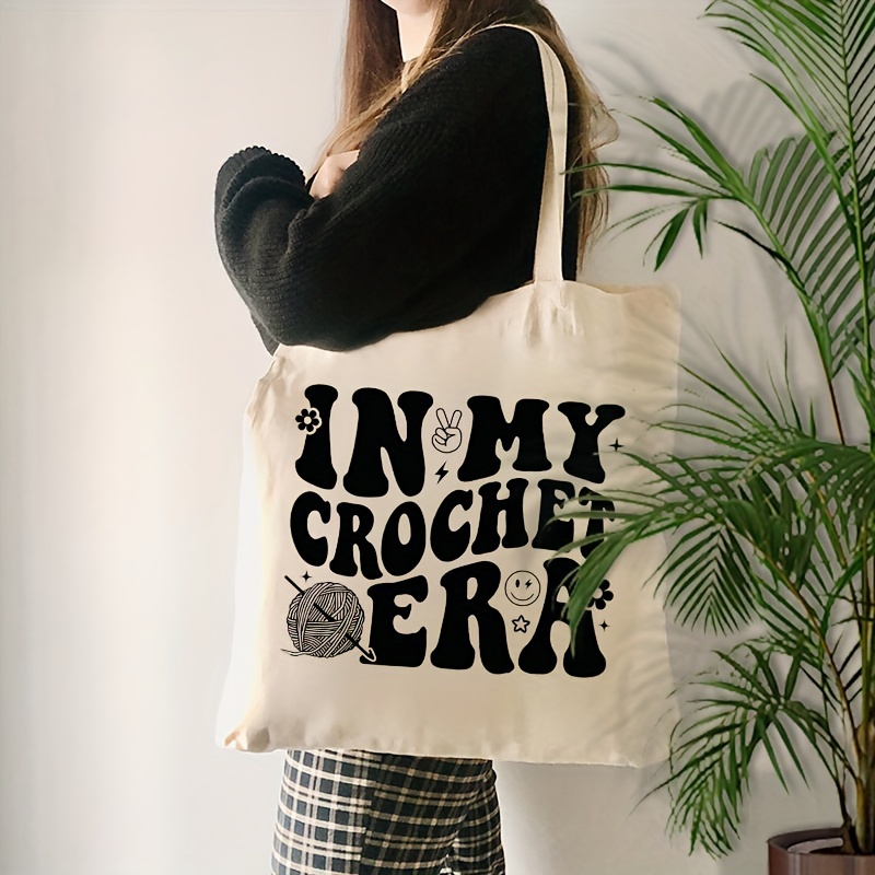 

1pc My Crochet Era Pattern Tote Bag, Canvas Shoulder Bag For Travel Daily Commuting, Reusable Shopping Bag, Best Gift For Her, Trendy Folding Shoulder Bag, Knitted Lover Gift, Knitting Gift