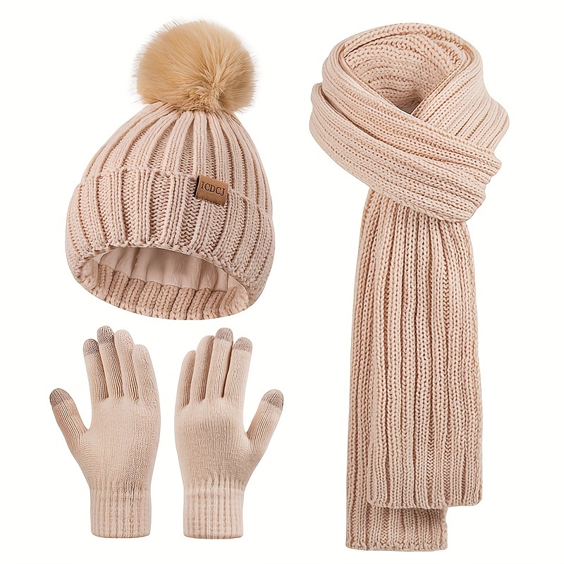 

Winter Beanie Hat Scarf Gloves Set For Women Fleece Lined Pompom Hat With Long Knit Scarf, Neck Warmer Touchscreen Gloves