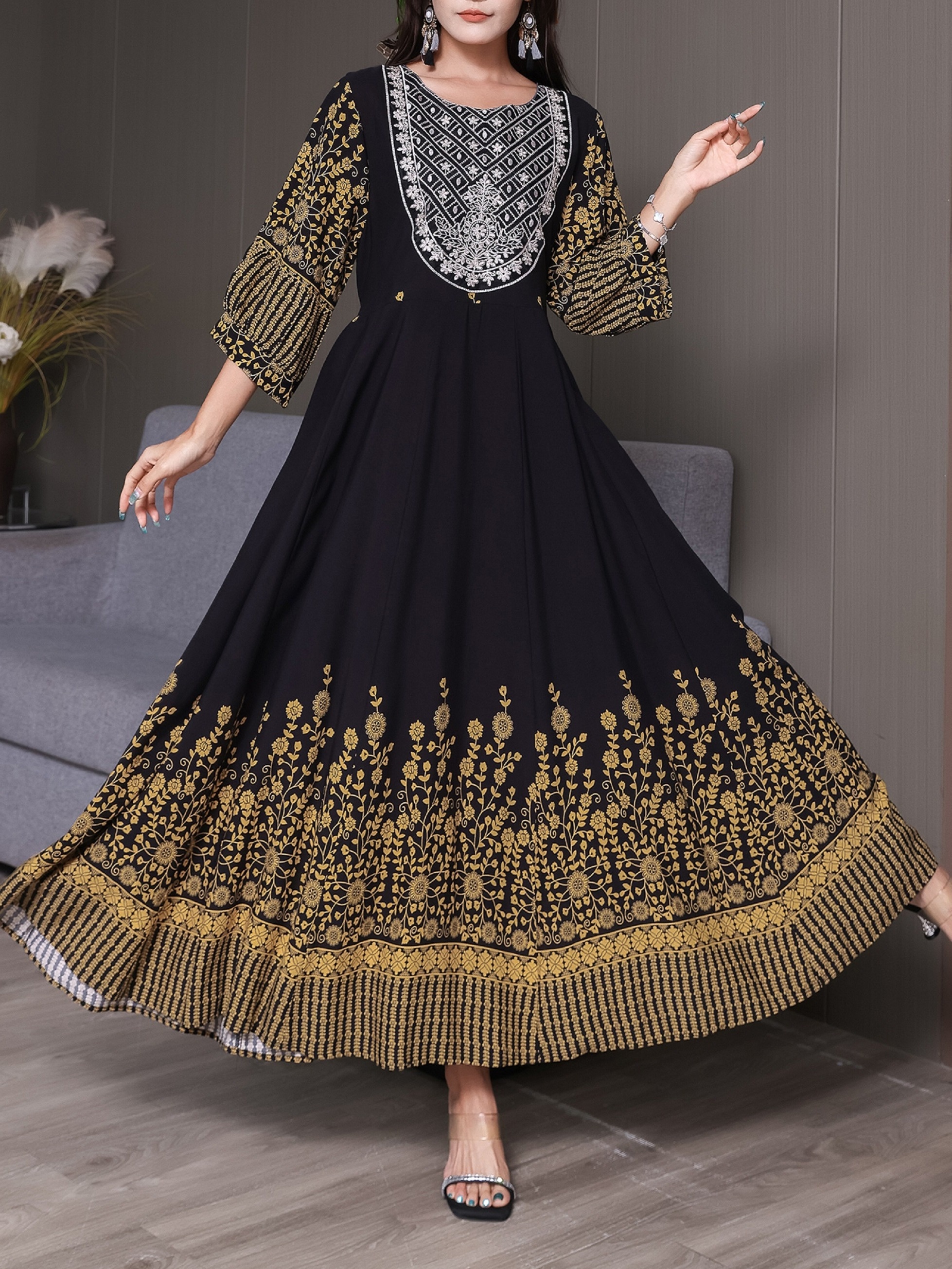 bohemian maxi dress embroidery sweeping train elegant - Temu Bahrain