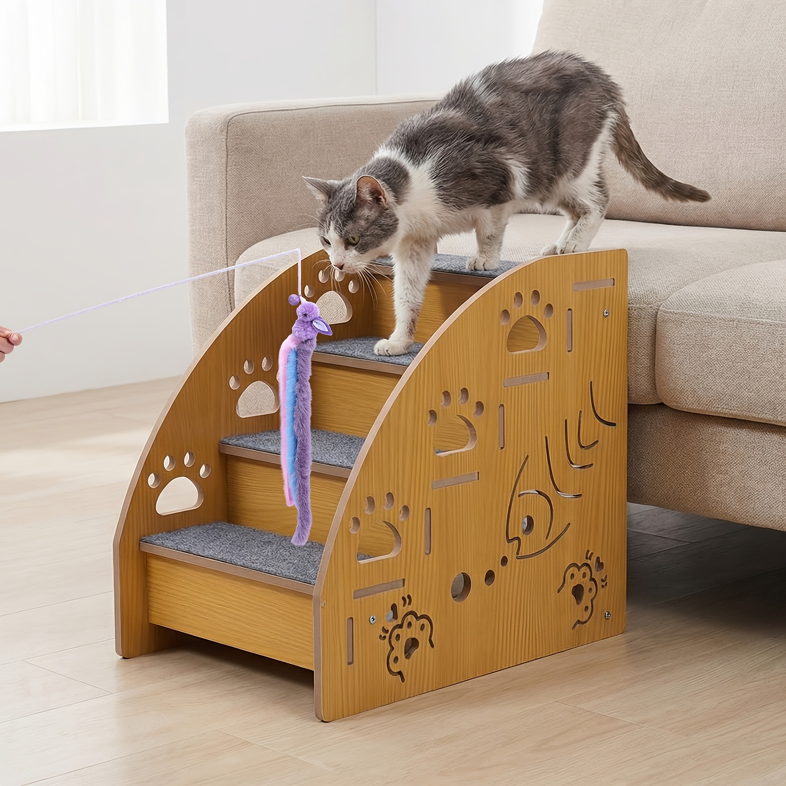 TEMU Pet Stairs, 3 Or 4 Layers Height Optional, Includes A Cat Wand, Low-step Gentle Slope Tread, Small Assistance Ramp, Natural , Universal Stairs