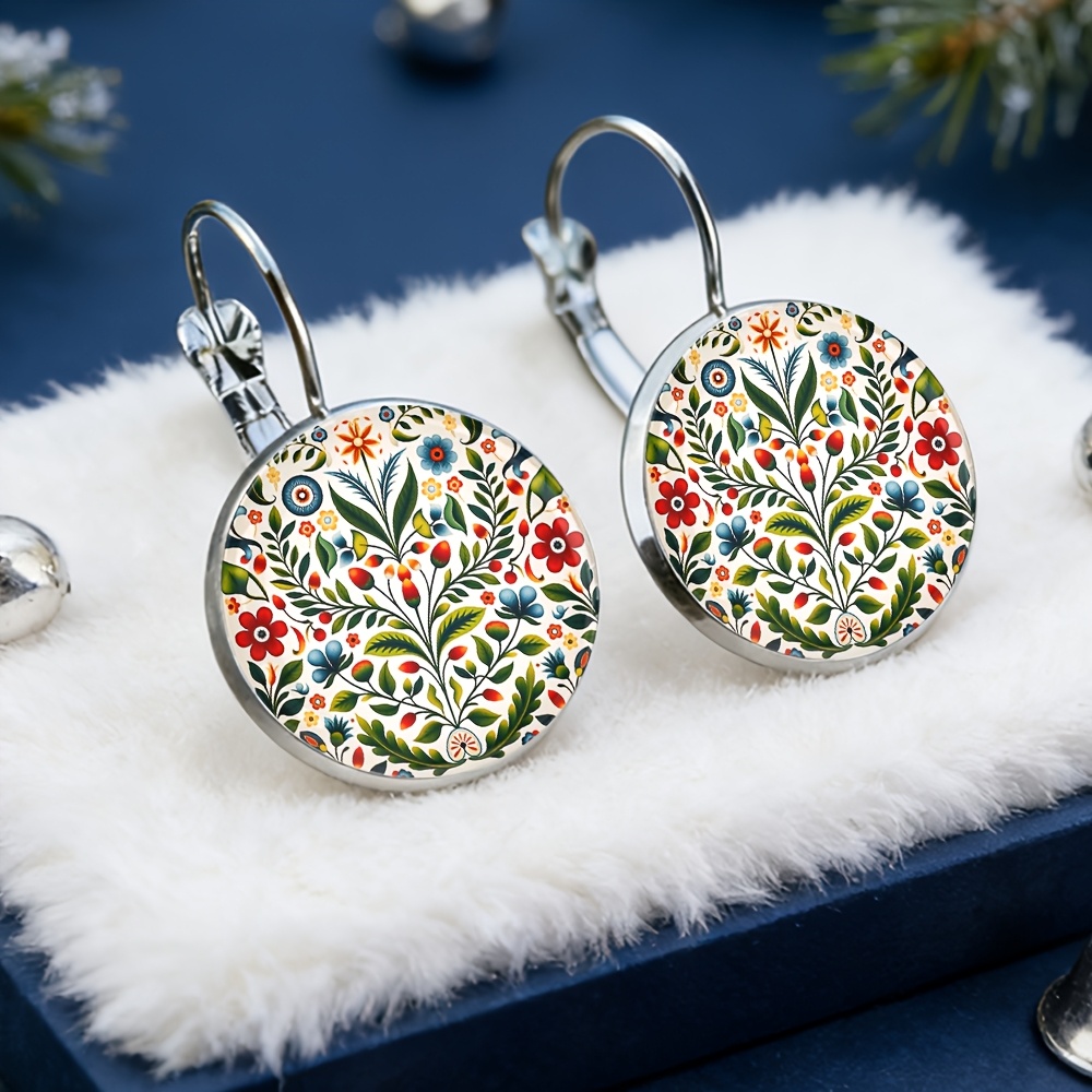 TEMU Ethnic Floral French Earrings, Alloy Material, Glass Inlaid, Women's Fashion Gifts, Exquisite Earrings Suitable For Daily Wear