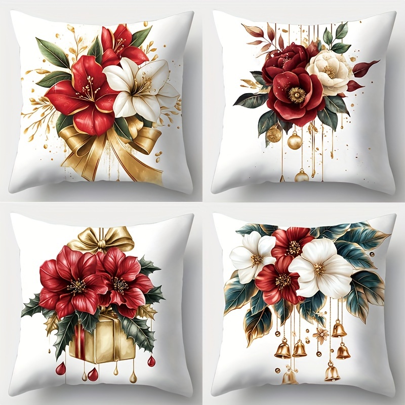 

4pcs Christmas Pillow Cover Set - Poinsettia, Bell & Gift Box Designs, 17.72" Square, Zippered Polyester Cases For Living Room, Office, And Home Decor (pillow Inserts Not Included)