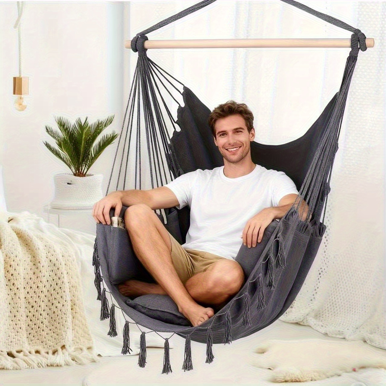 1 Set Makramee Quasten Garten Hngesessel Hngematte, Bhmischer Balkon  Schaukelstuhl, Robuster Indoor- und Outdoor-Hngesessel mit 2 Kissen und  Holzstange * fr Zuhause, Innenbereich, Auenbereich ...