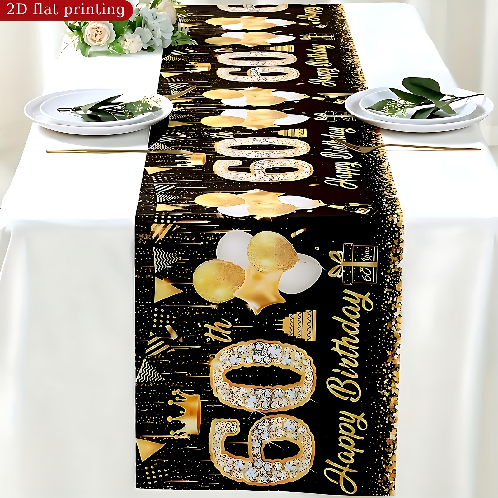 Image of A Tablecloth For A 60th Birthday, Measuring 13x48/72 Inches, Made Of Polyester, Featuring Black And Golden Balloons, , And , Perfect For Celebrating A 60th Party Decoration And Party Supplies