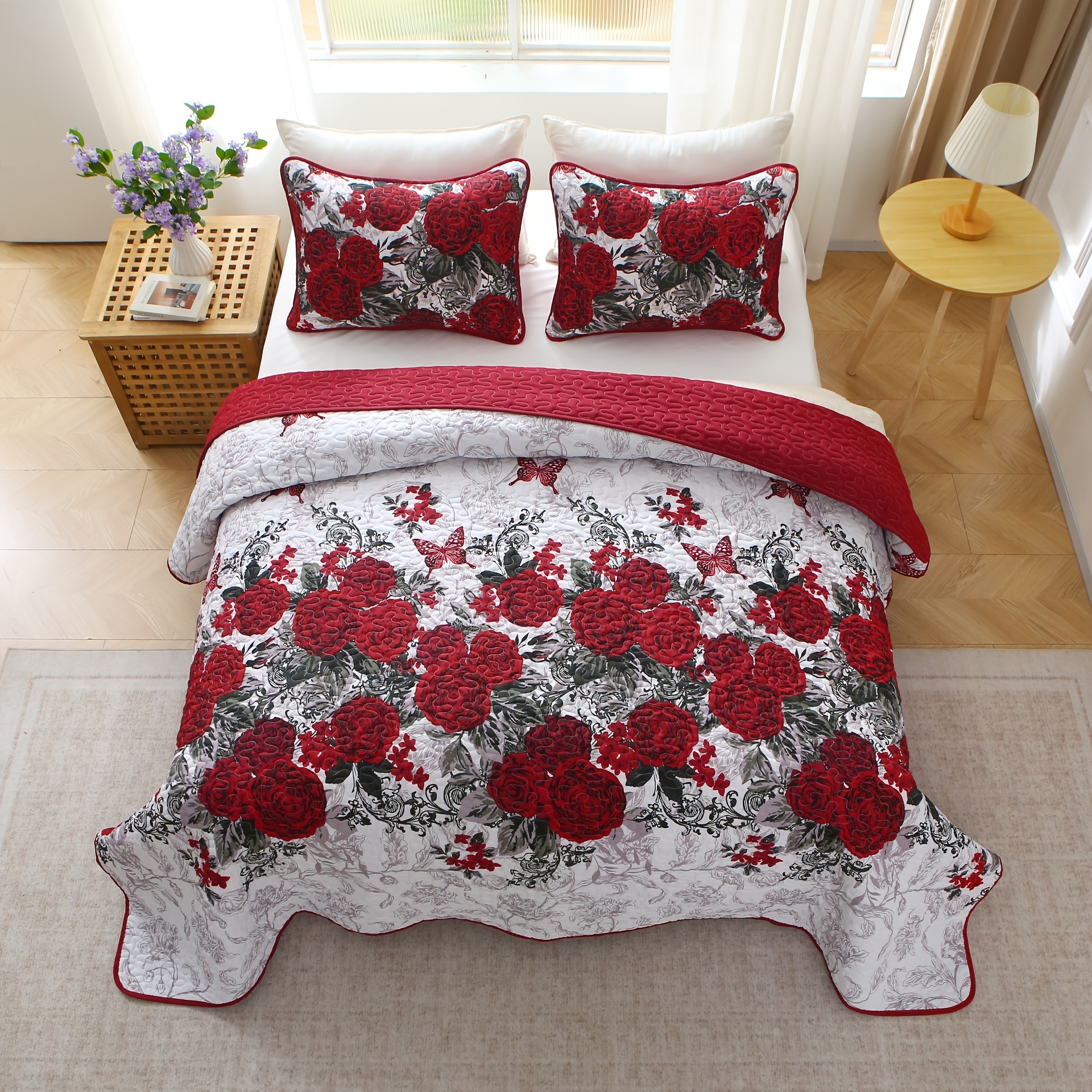 3pcs Rose Print Quilted Bedspread Set, 1 Bedspread, 2 Pillowcases, Pillow Inserts Not Included