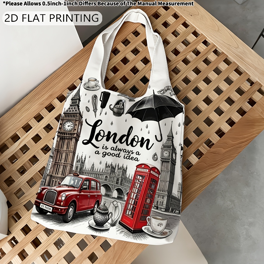 TEMU 1pc Women's Handbags, London Cityscape Umbrella Rain Pattern Shopping Bag, Multifunctional Double-sided Printed Handbag For Shopping Travel Work