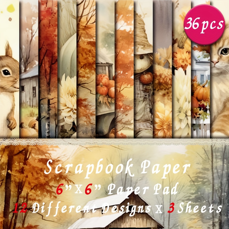 

36 Sheets Scrapbook Paper Pad 6x6 Inch, Fall Theme Art Craft Paper, Squirrel & Autumn Pumpkin Decorative Cardstock For Journaling, Card Making & Background Supplies