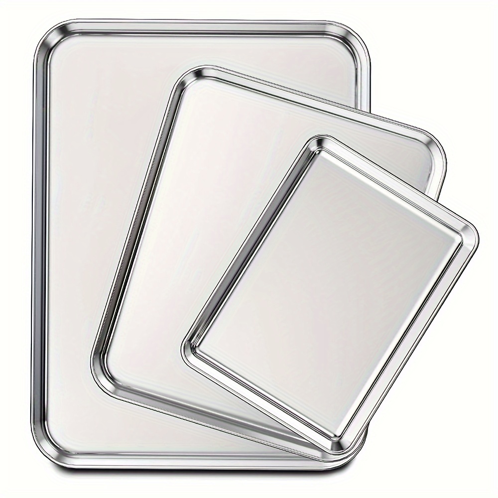 

A Set Of Baking Trays, Stainless Steel, Measuring 11, 10, And 8.6 Inches, Non-toxic, Heavy-duty, And Easy To Clean.