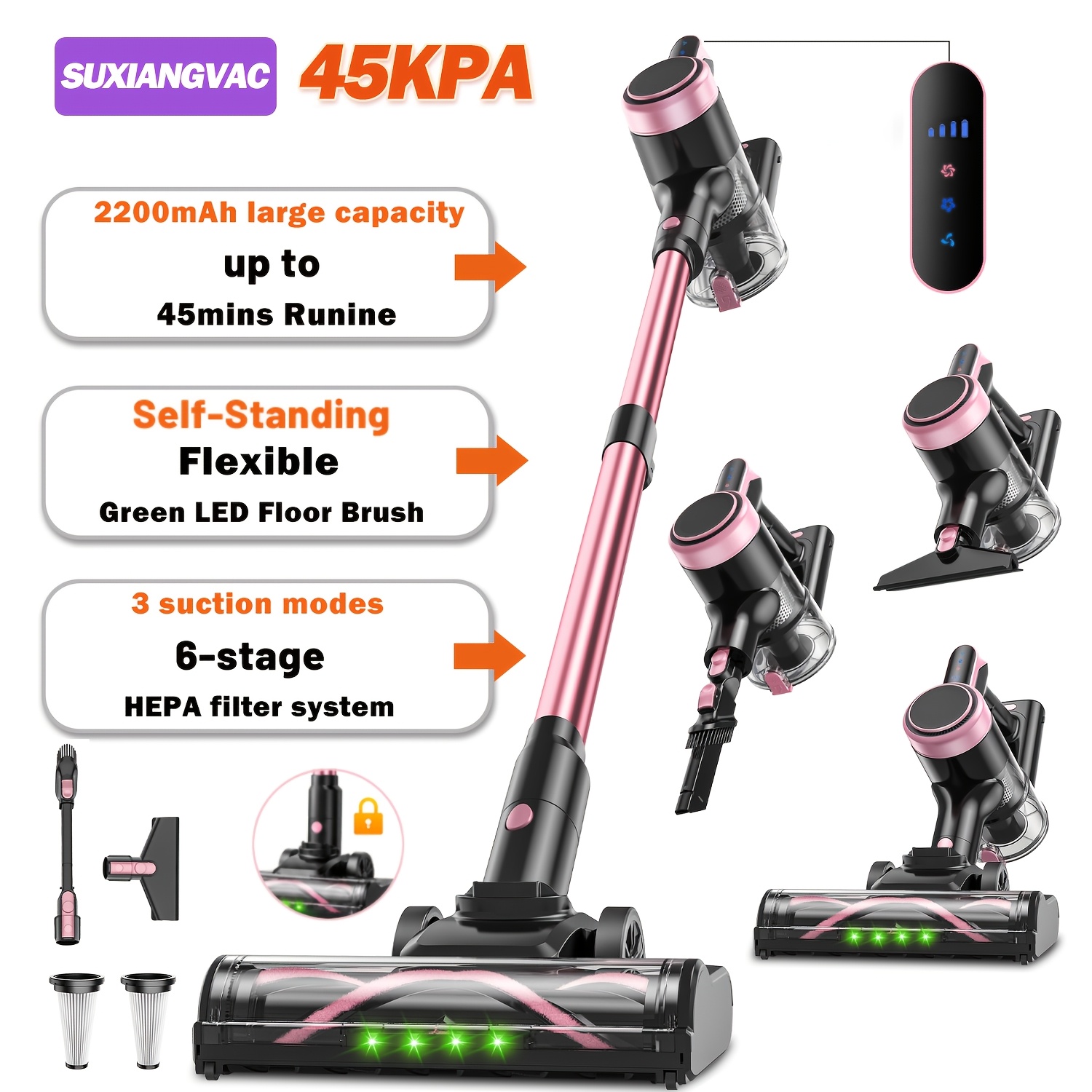 TEMU Aspirateur fil, autoportant, aspirateurs légers et puissants 45KPA , brosse à lumière LED améliorée et brosse de sol -nœuds, aspirateur balai 8