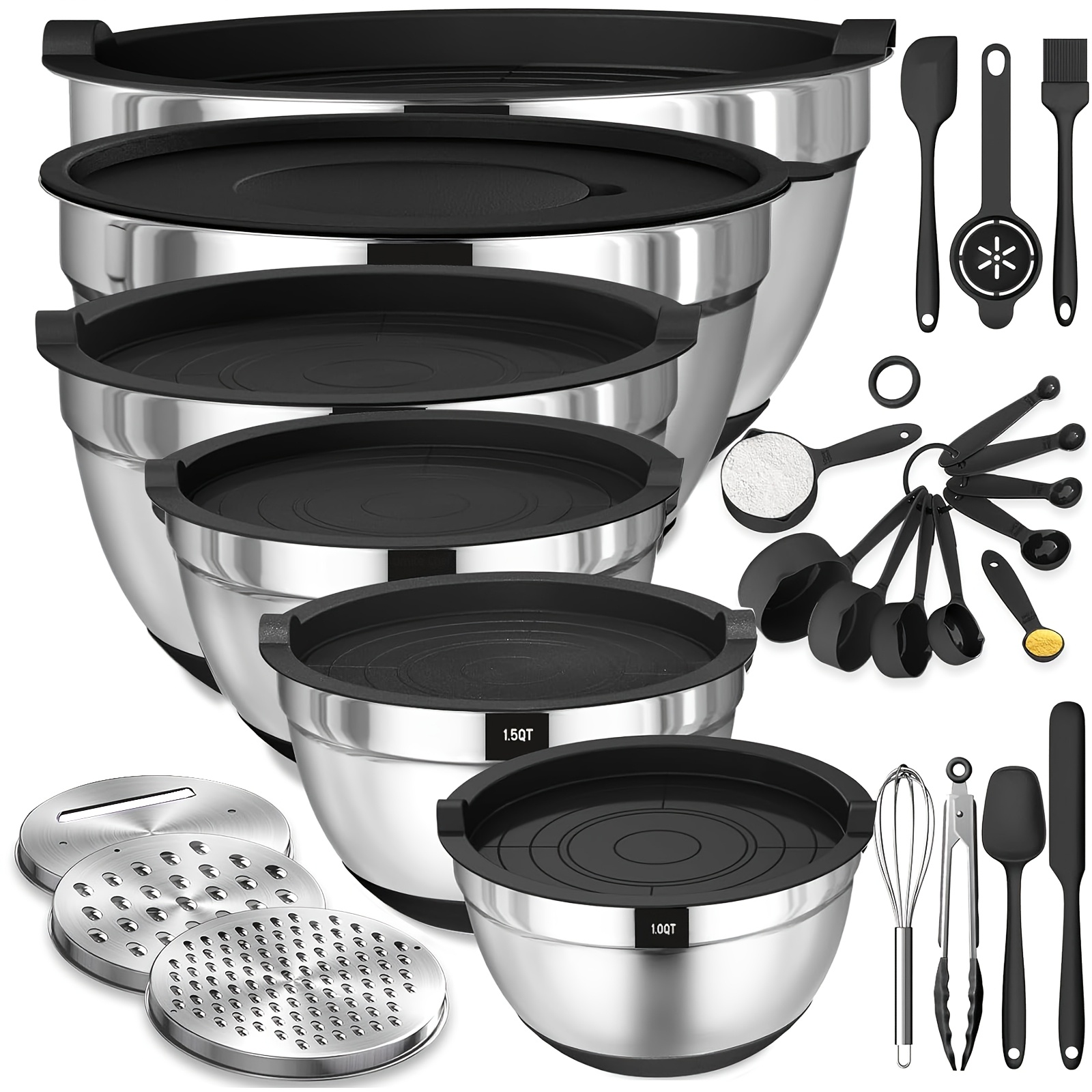 26-Piece Stainless Steel Mixing Bowls Set with Airtight Lids, Non-Slip Bottoms, and 3 Grater Attachments, Sizes 1.5 to 7 QT, Available in Bl