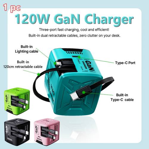 w o 120 fast charger dual 120cm 47inch lightning and type c retractable cable type c output ports foldable plug adapter for iphone 16 15 14 plus pro max for s25 24 and phone christmas birthday charger