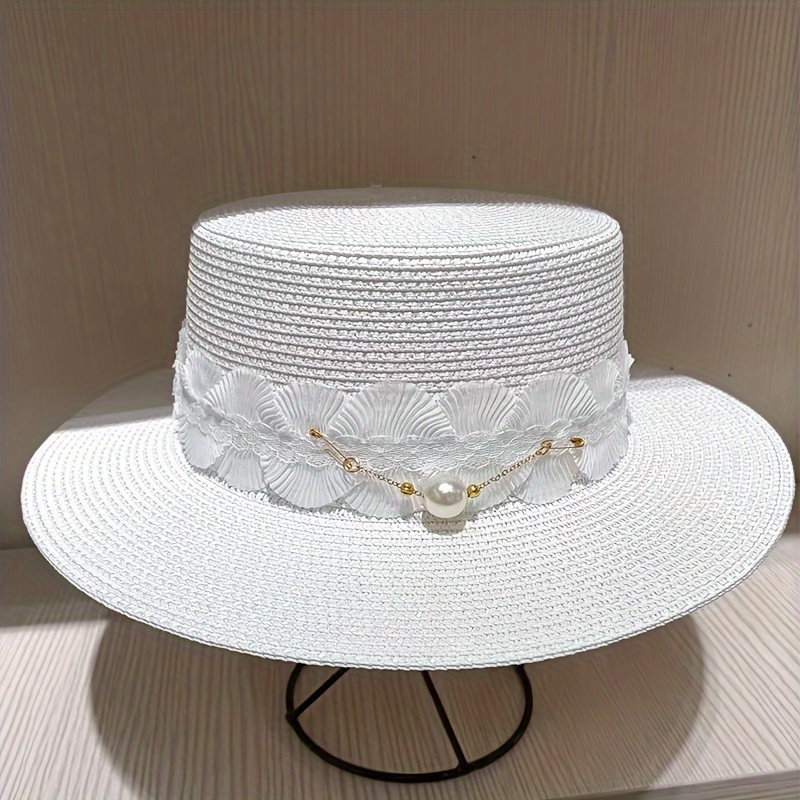 

French Pleated Flower Imitation Pearl Decorative Sun Hat Flat Brim Straw Hat Summer Beach Hats For Women
