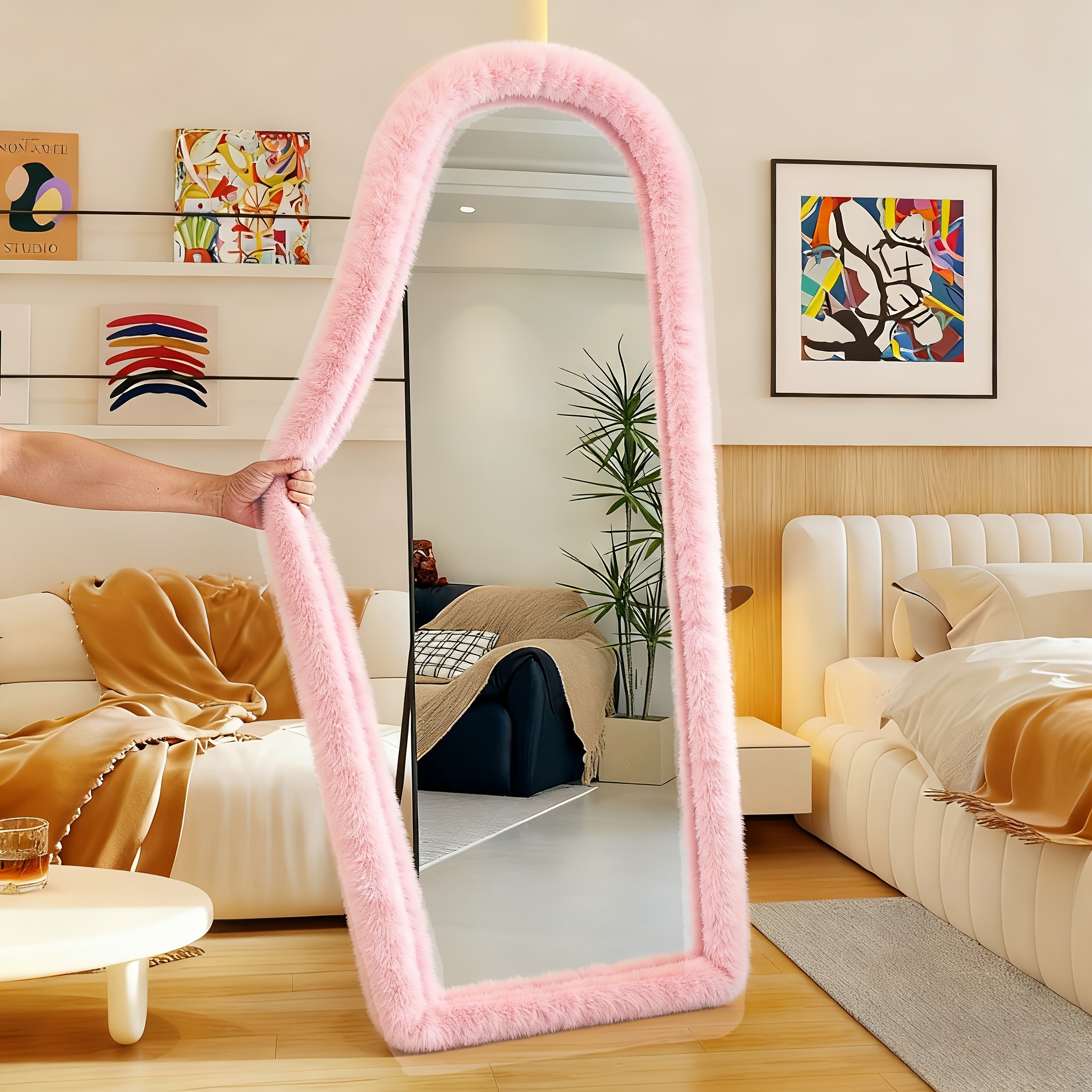 TEMU Goozone Home 1pc Fluffy Mirror Cover, To 65" X 24" Full-length Mirrors, Stretchable Non-slip Cover, For Bedroom & , Ideal Gift For Valentine's
