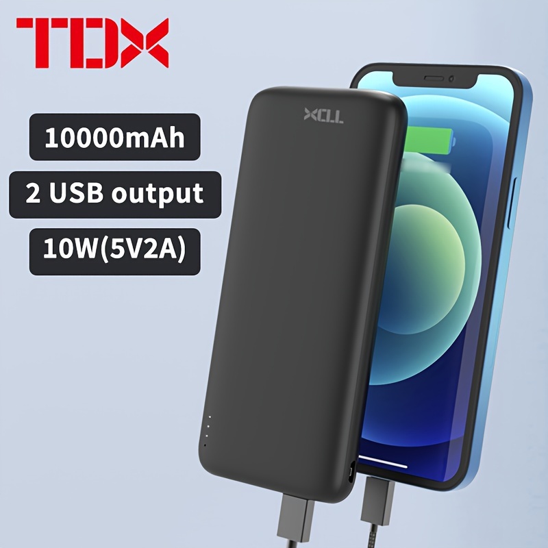 

Mobile Phone Power Bank Battery Pack Tdx 10000mah Portable Light Weight 2-usb Outputs Compatible With , Samsung, Android