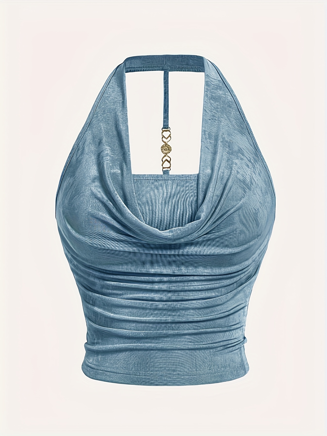 Elegant Mint Green Halter Neck Backless Top for Women - Textured Satin, Adjustable Strap, Knot-Front Detail, Perfect for Spring/Summer/Fall