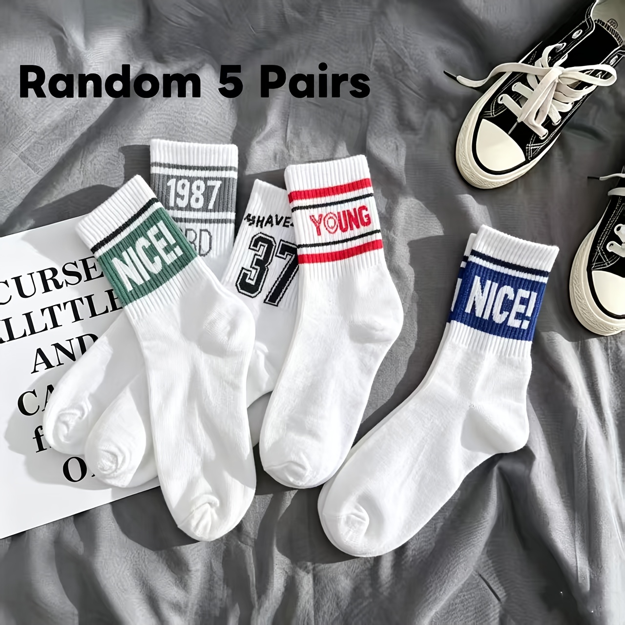 TEMU Lot de 5 paires aléatoires de chaussettes de sport pour homme et femme pour l'hiver/automne/printemps/été, chaussettes décontractées à imprimé