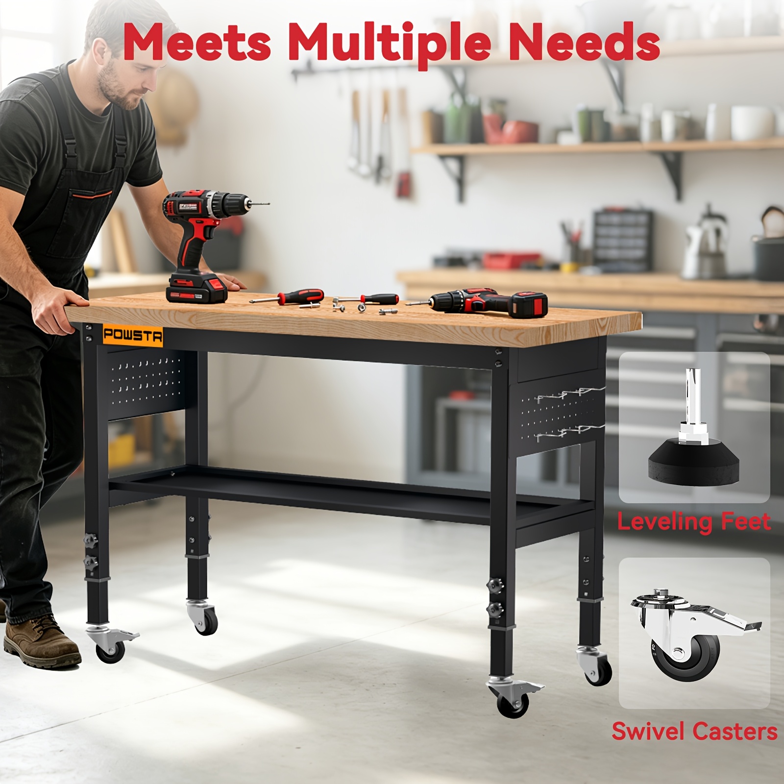Adjustable Height Wooden Workbench "-39.37", Double Layer Work Desk, Mobile Adjustable Work Platform With Swivel Casters & Storage Shelf For Garage, Office, Home, Commercial