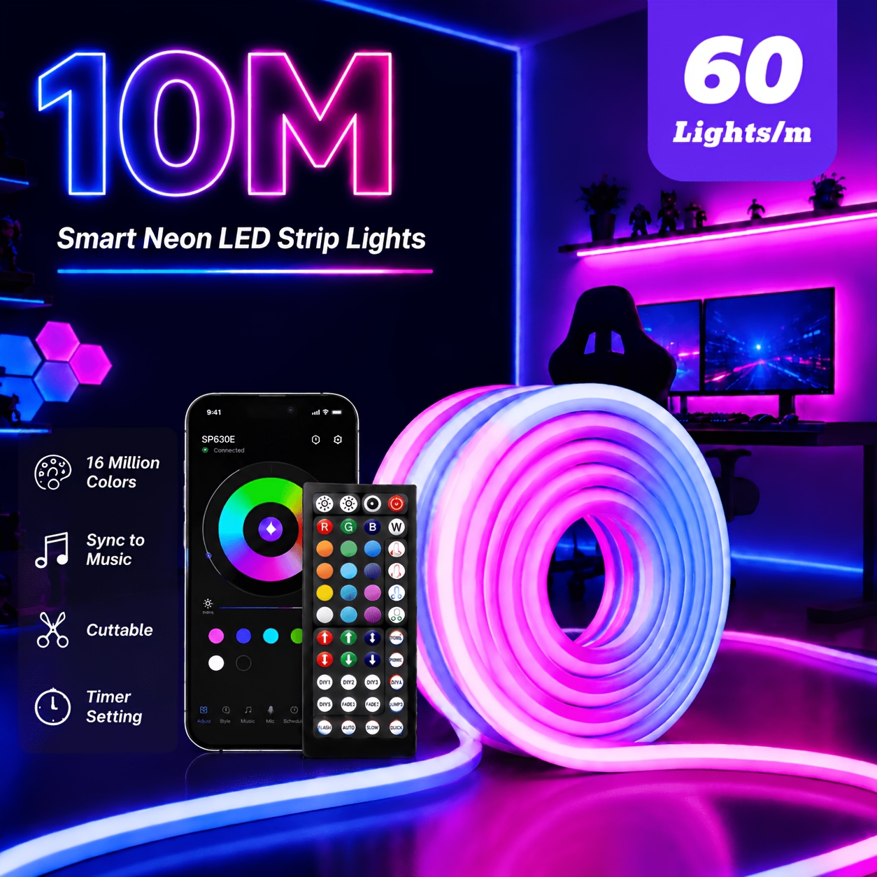 Image of Up To 40m Rgb Neon Led Strip Light With App Control & 44-key Remote, Dimmable Flexible Neon Rope Light, Timer, Adjustable Colours, Ip"67" For Indoor & Outdoor