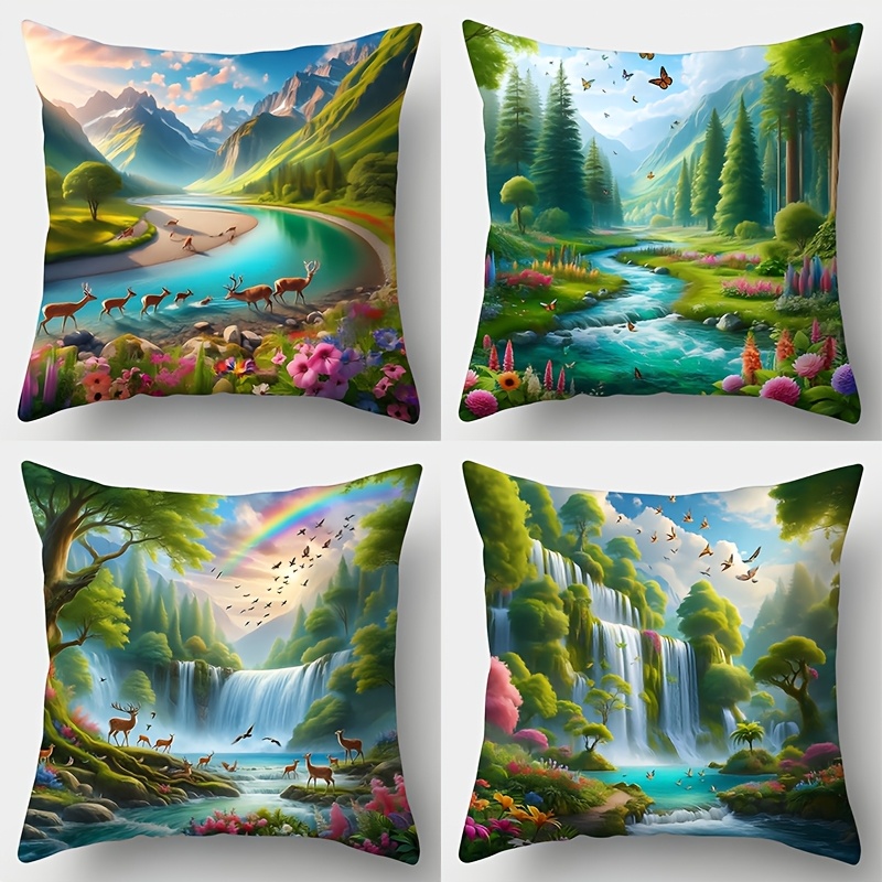 

4pcs Set, Sofa Pillowcase, Forest Waterfall Pillowcase, 17.7 Inches * 17.7 Inches, Single-sided Printing, Home Decoration, Sofa Lumbar Cover, Pillowcase Does Not Pillow Core