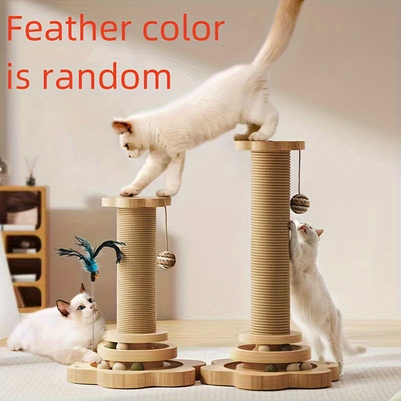 

1pc Interactive Cat Scratching Post Set, Sisal Rope-wrapped Scratcher Towers With Rotating Base And Hanging Feather Toys, Durable And Non-shedding, For Pet Claw Care