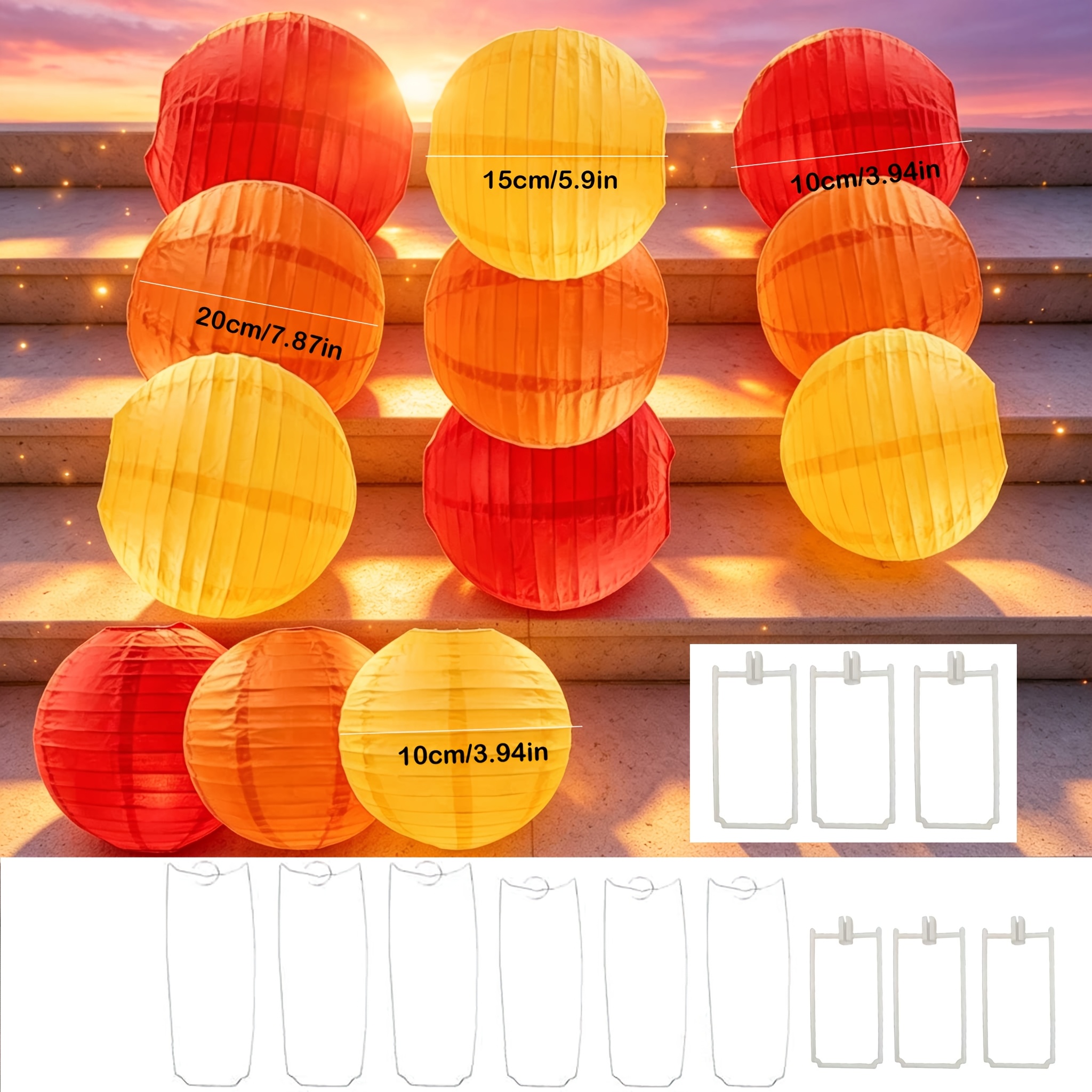 TEMU Set, 24pcs Mixed Pack, Red-orange Yellow Round Mixed Color Paper Lanterns, Includes 12pcs Paper Lanterns And 12pcs Support Stands, Hanging