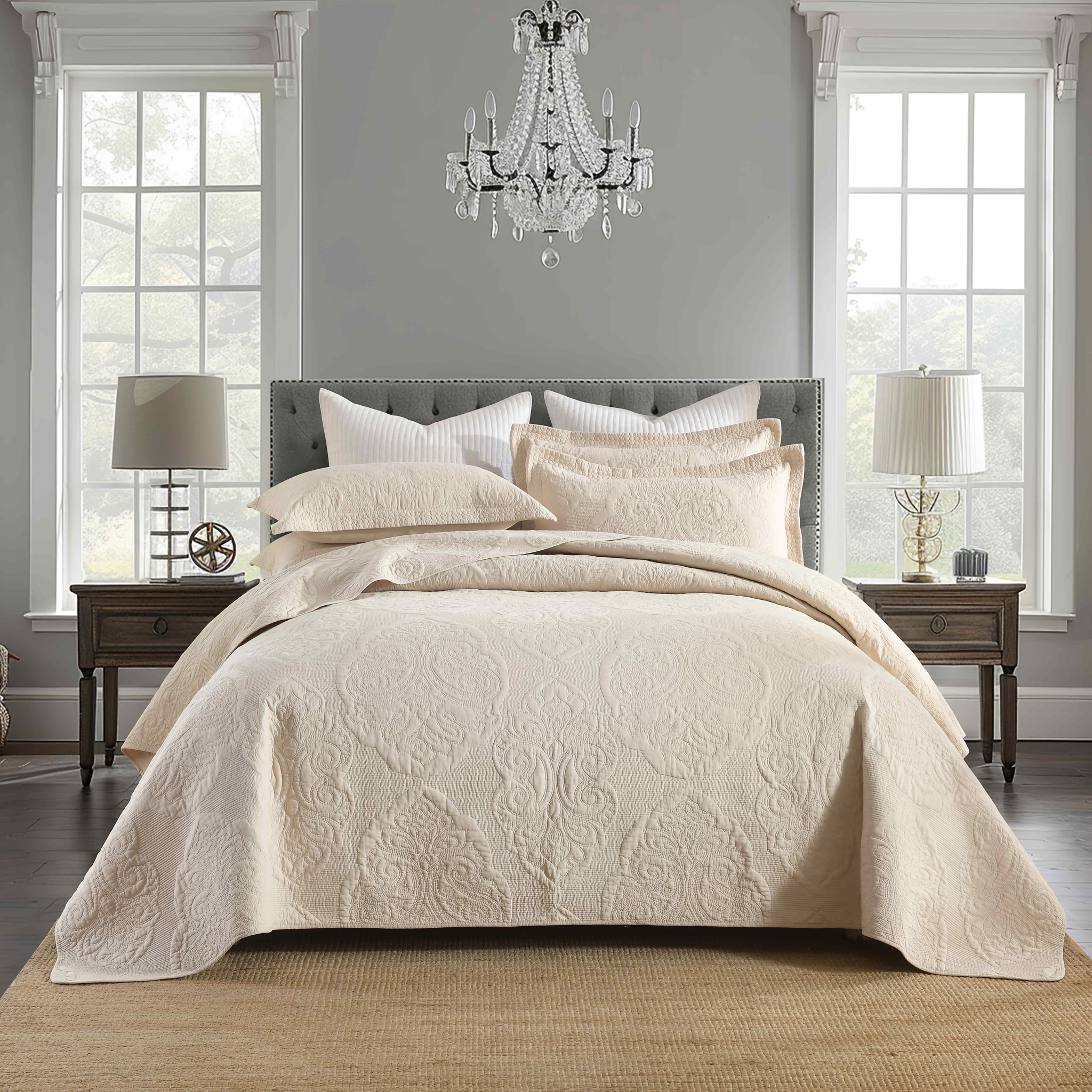 3pcss (1 Bedspread + Two Pillowcases) Pulis - Beige American Bedspread 3pcs Set 3D Quilted Relief Three-Dimensional Craft Double-Sided High-End Comforter 100% Cotton Quilted Bedding Double Bed Bedding Decoration Double-Sided Pure Cotton Printed Blan
