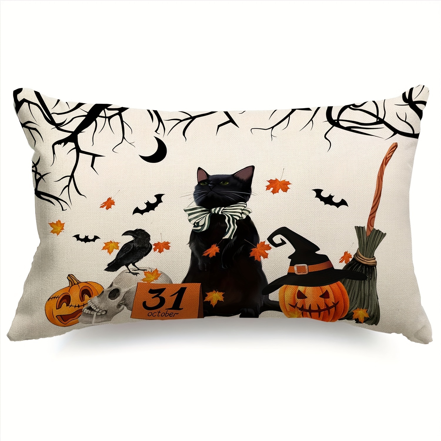 TEMU 1pc, Halloween Pillow Cover 12x20 Inch Black Cat Pumpkin Watercolor Halloween Lumbar Pillow Covers Decorations Outdoor Halloween Pillows