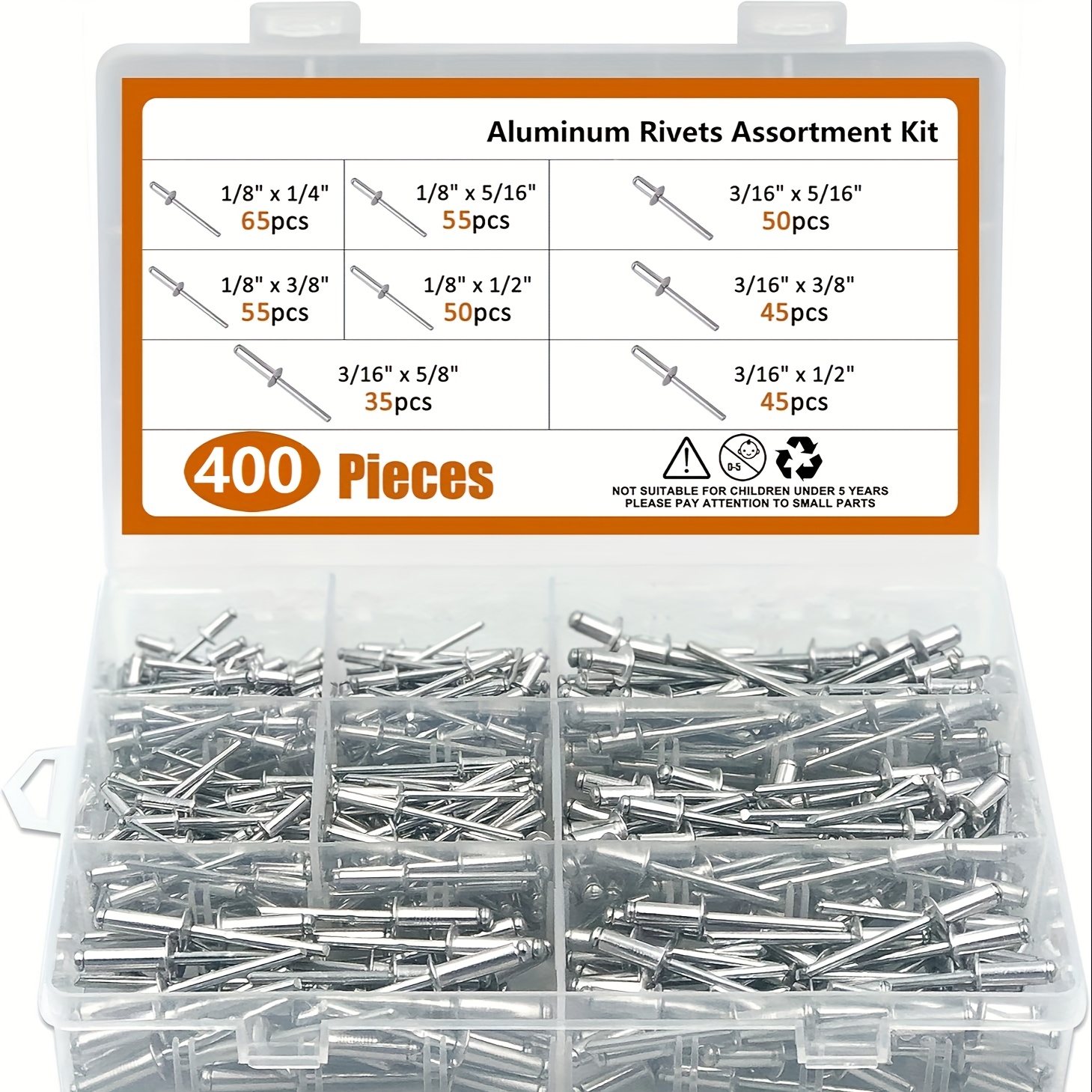 Image of 105/400pcs Rivet Combo Kit, 8 Sae Sizes, Aluminum, Round Head, Hollow Rivet, With Reinforced Spacers And Marked Box, 1/8" 3/16"