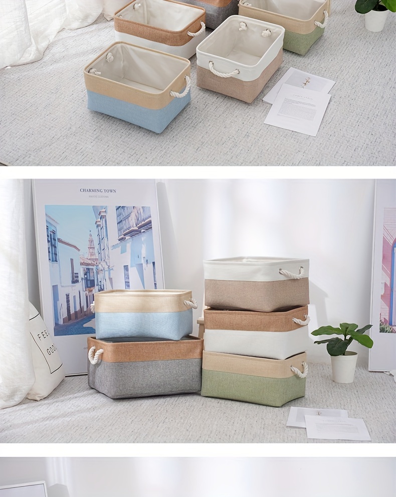 3pcs set large linen storage baskets decorative golden organizer cubes for clothes books toys supplies   shelf organization details 6