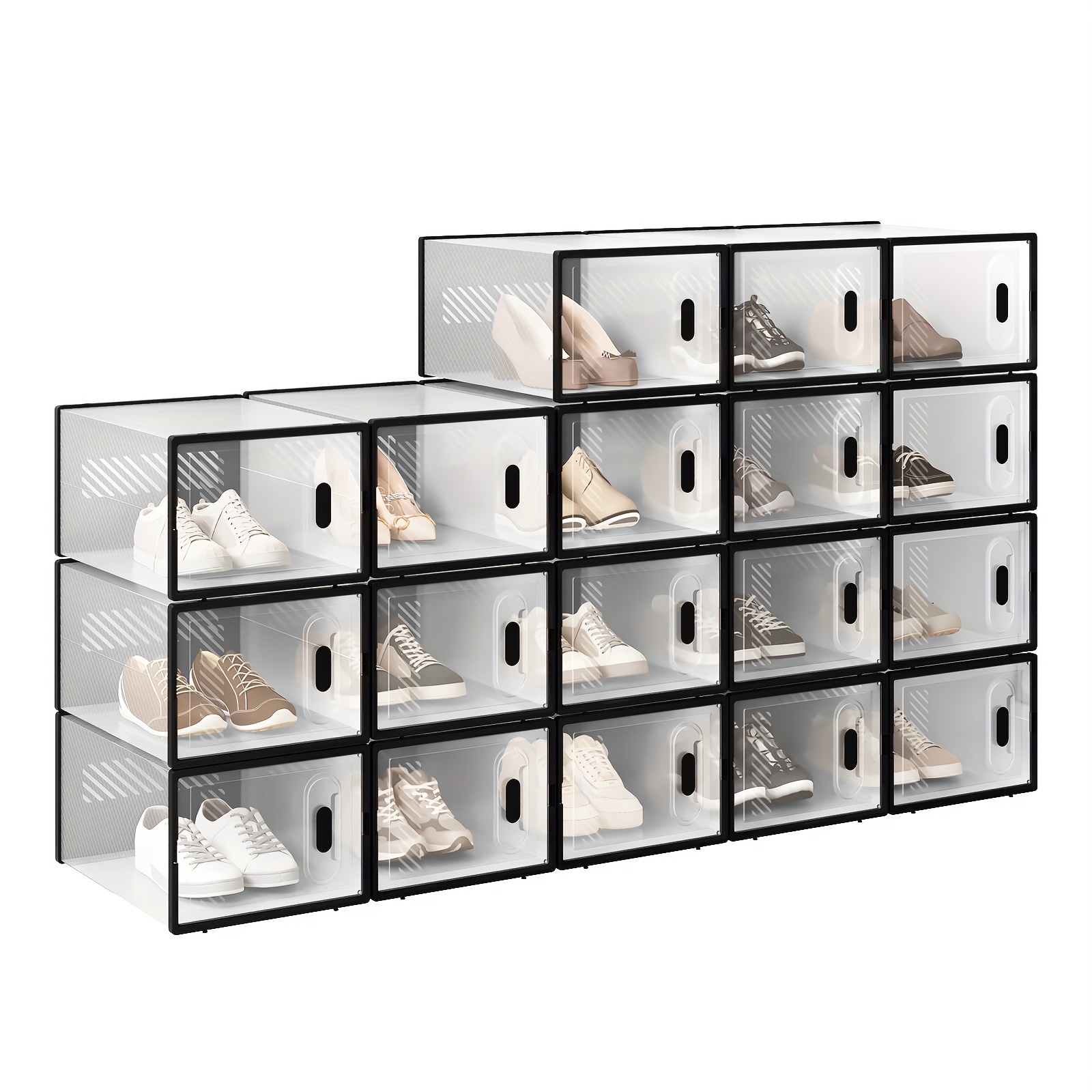 TEMU Boîte à chaussures empilable, Boîte à chaussures avec porte magnétique, Boîte en plastique pour rangement de chaussures, Organisateur de
