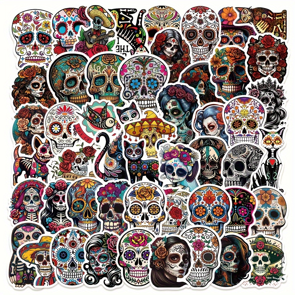 Image of Gutbd 50-pack Stickers, Dia De Los Muertos Themed Decals For Scrapbooking, Laptops, Skateboards, Guitars, Phone Cases, Luggage, And Helmet Decor - Pvc Material