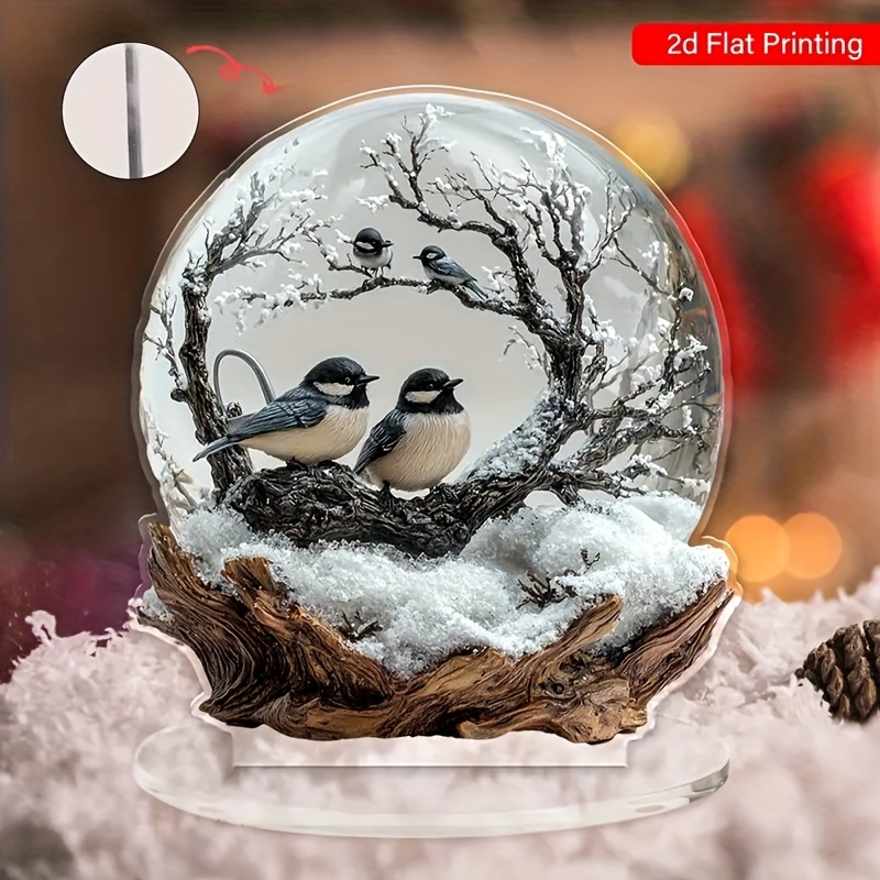 

1pc Acrylic Snow With Chickadee Birds - Hd 2d Flat Printed Tabletop Decor - Multipurpose, No Power Needed, Ideal For Home, Living Room, Office - Featherless, Christmas, Thanksgiving, Holiday Gifts