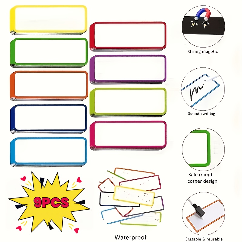 TEMU 9 piezas de etiquetas magnéticas de borrado , tiras magnéticas reutilizables y escribibles para pizarra blanca con multicolor, etiquetas