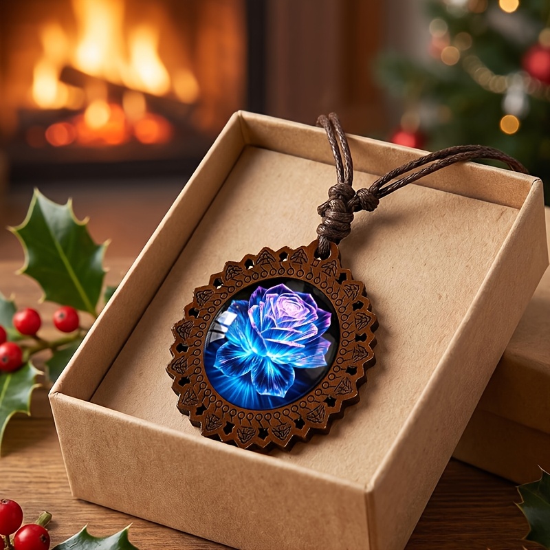 Iridescent Blue Lotus Wooden Necklace, Vintage Minimalist