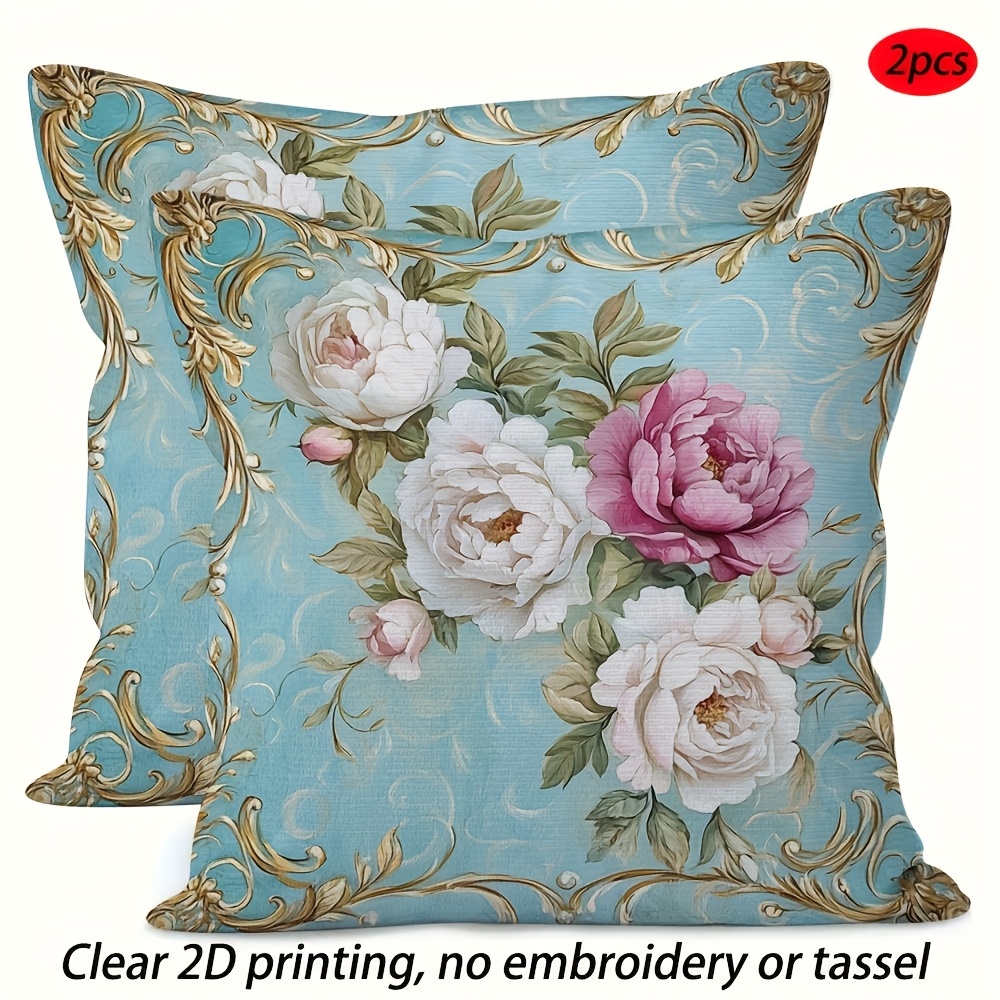 TEMU 2pcs Double-sided Printed Throw Pillow Covers, Elegant Baroque Peony And Rose Pillowcases, Double-sided 2d Printing, Lightweight And Durable