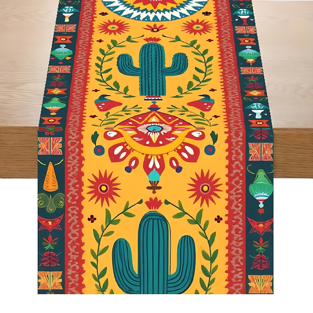 Image of 1pc Mexican-themed Table Runner With Cactus & - Rectangular Polyester Suitable, Coffee Table Decor, For Parties, Dinner Parties, Themed Events - Print Runner For Mexican Dining Table Centerpiece