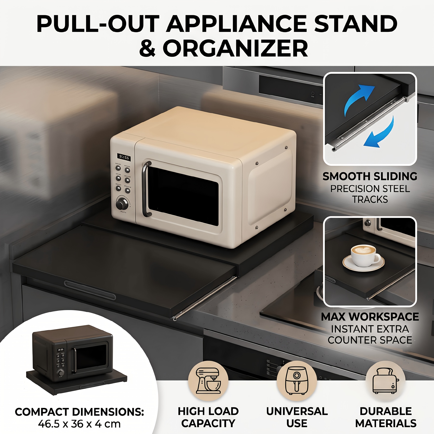 TEMU Support Micro-ondes Moderne, Support de Comptoir de Cuisine Coulissant 3D, Organisateur d'Appareils Métallique Robuste
