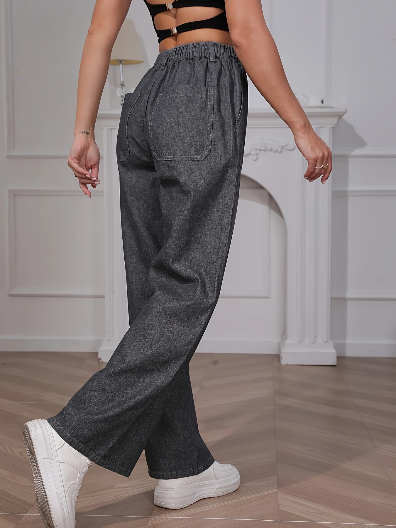 women's cozy gray denim jeans pockets straight leg non Temu