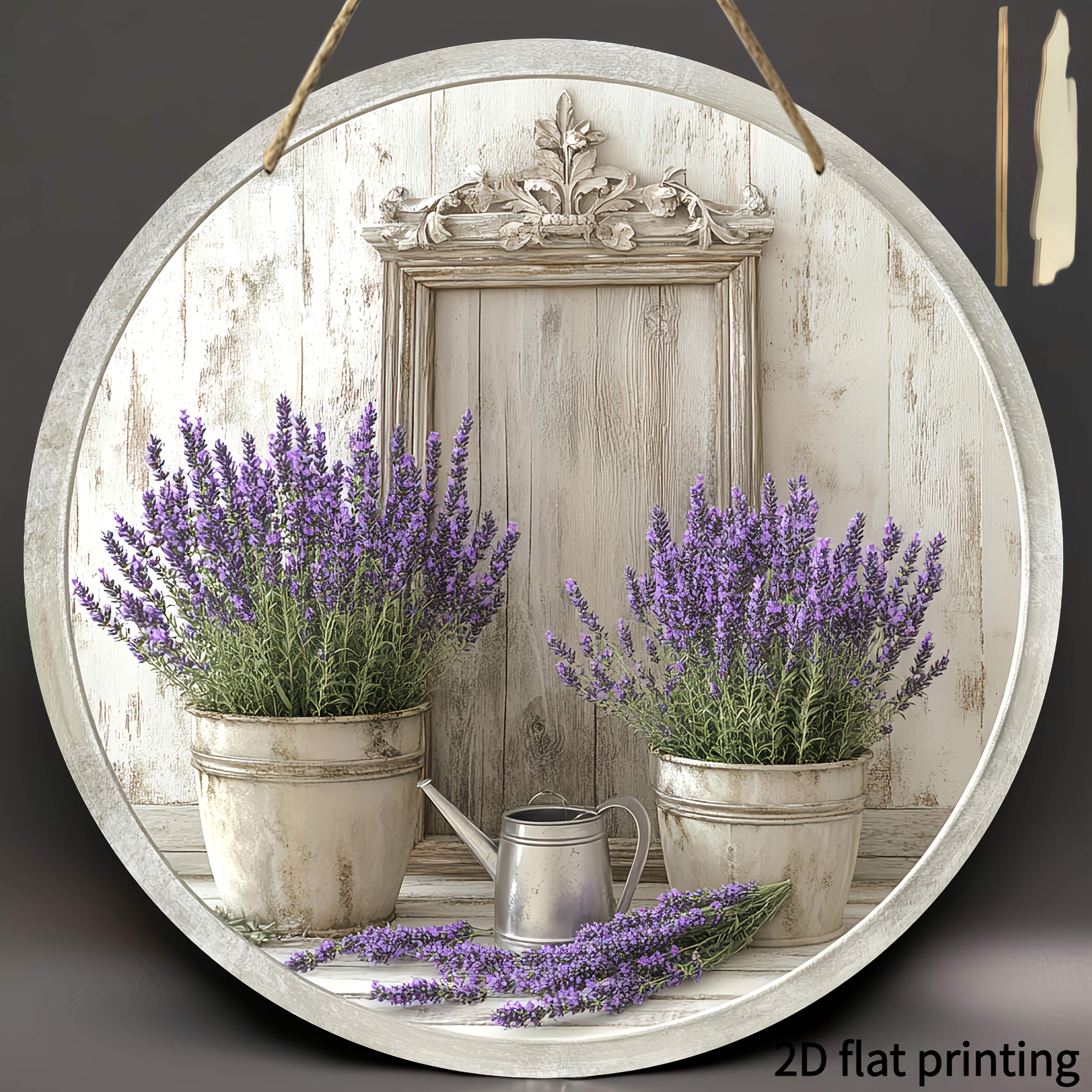 Image of 2d Flat, Bohemian Wooden Wall Art - 2d Flat Floral Decor With Lavender Pots, Kettle & Scattered Flowers - No Power Needed, Home Office Bar Cafe Decor - Rustic Mural For Holiday Gift Idea, 2d Flat