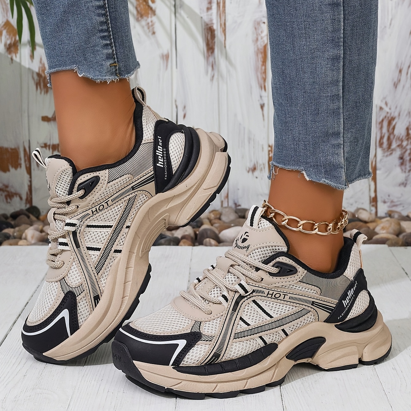 TEMU Women's Retro Chunky Platform Sneakers - Chunky Platform Dad Shoes With Thick Sole, Beige & Black Color Block, Breathable Mesh & Pvc Sole