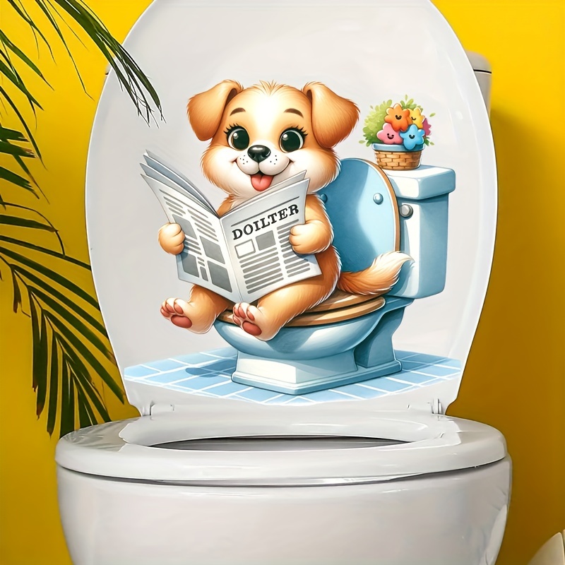 

Puppy Reading Newspaper Toilet Decal - Waterproof, Self-adhesive Bathroom Sticker For Fun & Aesthetic Home Decor