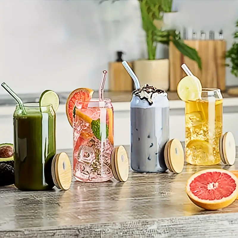 4pcs glass cups with lid and straw and styles milk tea cup drink cup iced coffee cup glass coffee cup with bamboo lid Product details 1