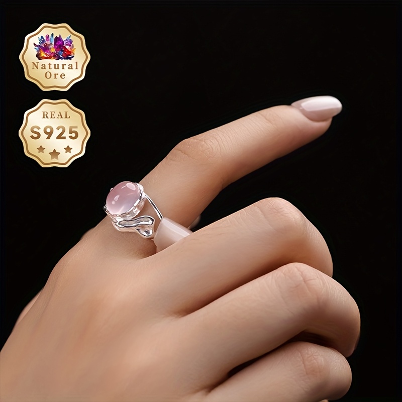 Women's 925 Silver Adjustable Ring with Natural Crystal, Gift Box