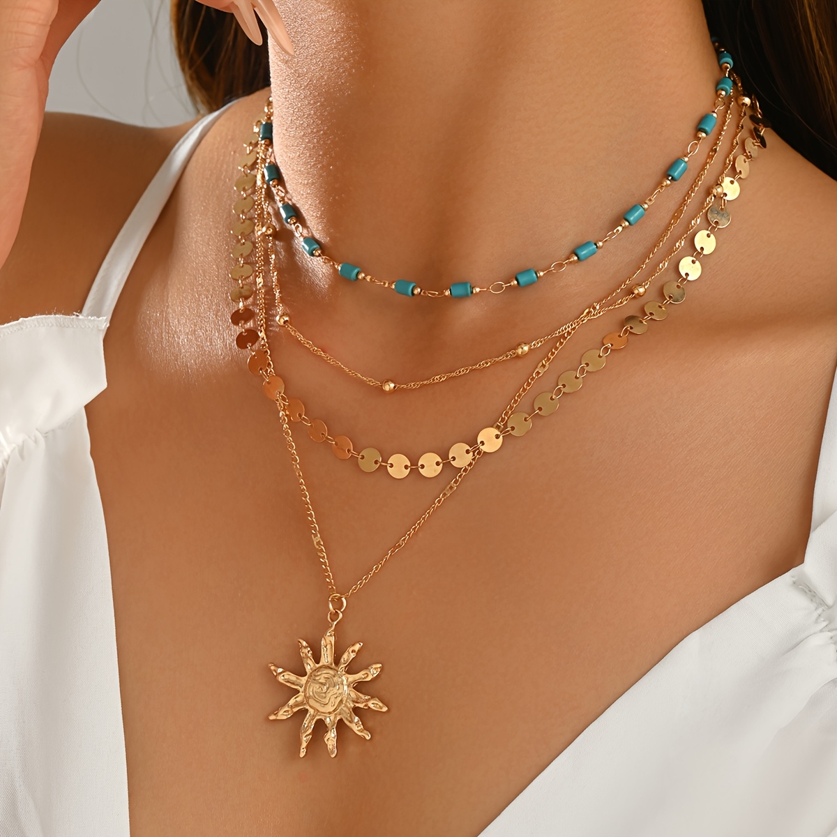 Classic Basic Layered Necklace Set with Geometric Sun Decorations