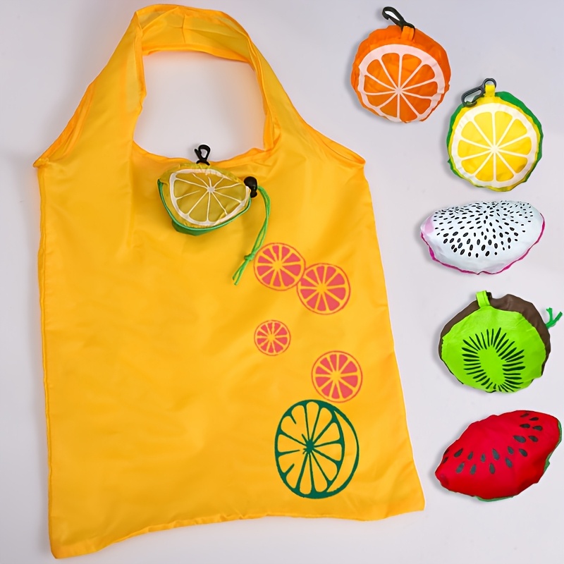 TEMU 5pcs Fruit-themed Reusable Shopping Bags - High-quality, Foldable Polyester With Citrus &, Leak-proof, Grocery, Travel & Outdoor Activities
