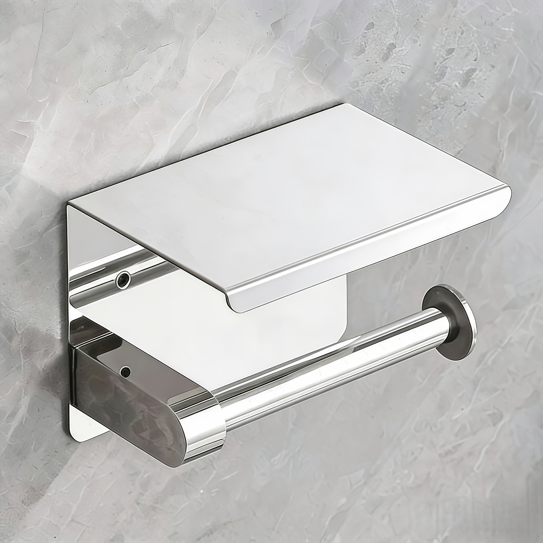 TEMU Wall-mounted Toilet Paper Holder With Phone Shelf, Adhesive No Drilling Or Screws, Fits , Rustproof 304 Stainless Steel Polished Chrome And