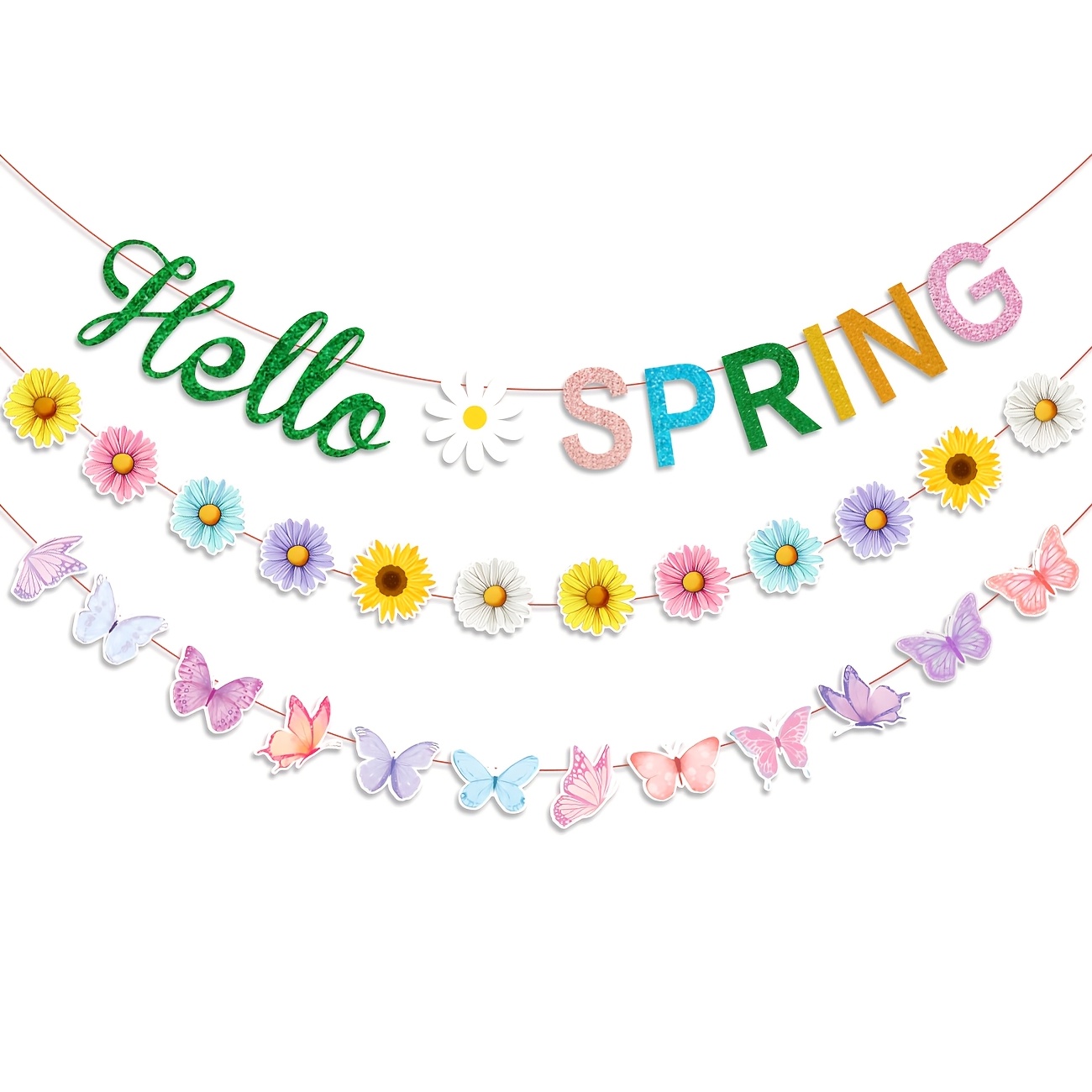 

1pc Spring Themed Party Banner Garland With Daisy And Sunflower Decorations, Butterfly Accents - Paper Banner For Birthday, Easter, Tailgating Events - Indoor/outdoor Decor